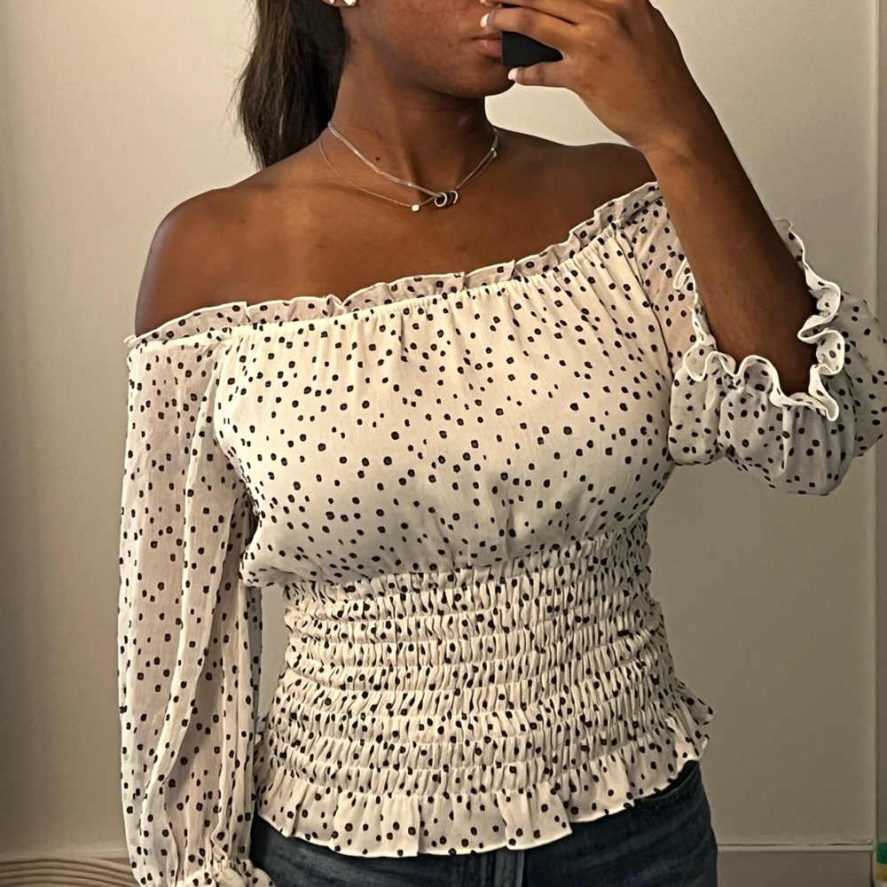 Anthropologie Cream and Black Polka Dot Off-Shoulder Blouse